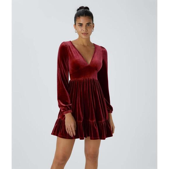 NWT Halara Deep V Neck Long Sleeve Ruffle Hem Velvet Mini Chill Dress Sangria XS - Picture 13 of 13